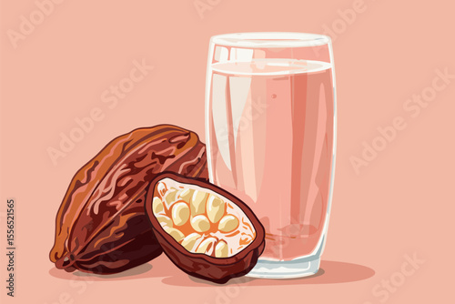 Vector illustration of cacao water in a glass and half of cacao fruit with palm leaves on a peach backdrop