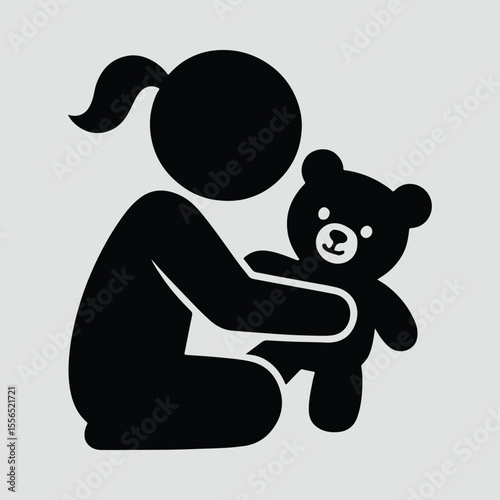 Silhouette girl hugging teddy bear childcare icon vector illustration