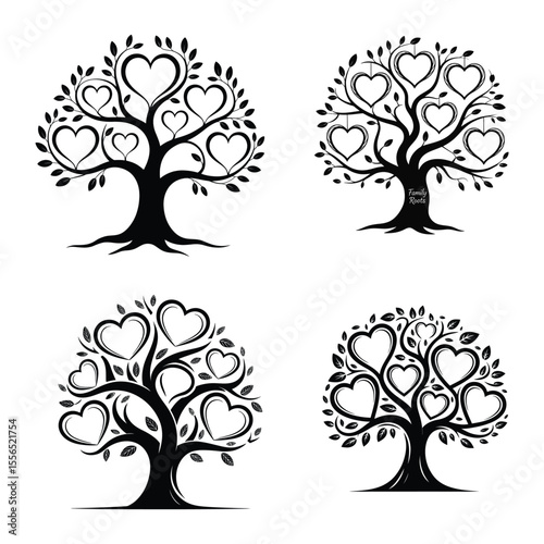 Four heart shaped trees with leaves and roots silhouette