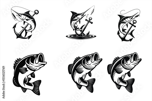 Fishing icons with marlin and bass silhouette