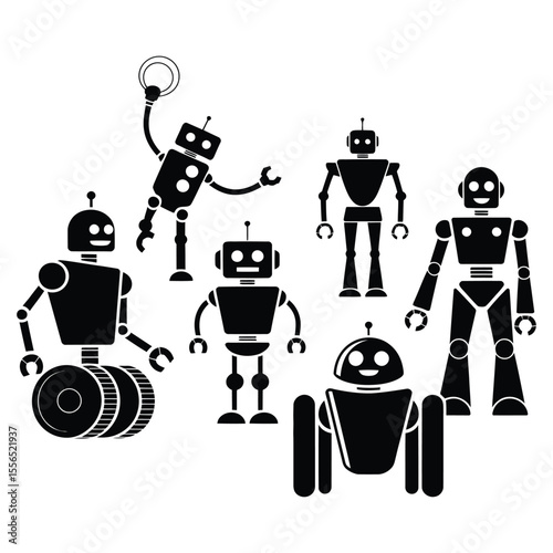 Collection of diverse robot characters in a simple black silhouette style