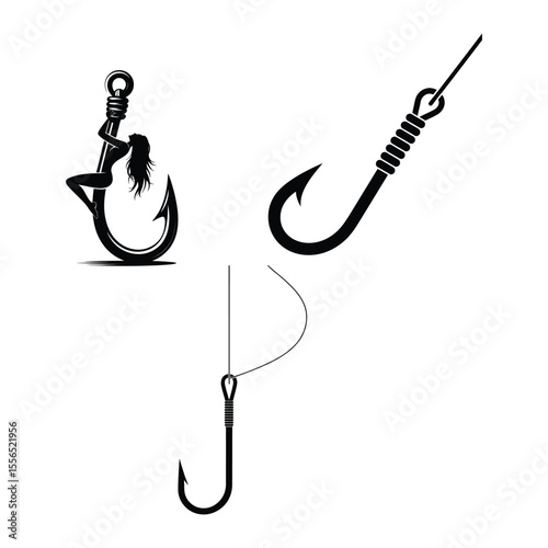 Fishing hook with alluring woman silhouette and fishing line silhouette