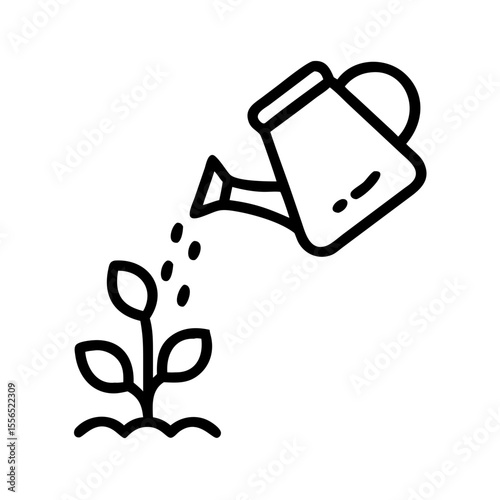 Watering can pouring water on a young seedling, vector icon, transparent background, copy space