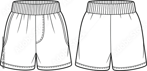  Unisex Elastic Waist Shorts Flat Sketch Template for Casual Wear, Loungewear, Sportswear Design, and Apparel Fashion Technical Drawing Resources.
