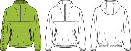 Stylish Green Men's and Women's Anorak Jacket Flat Sketch Template for Outdoor Wear, Casual Fashion, Technical Drawing, and Apparel Design Resources.
