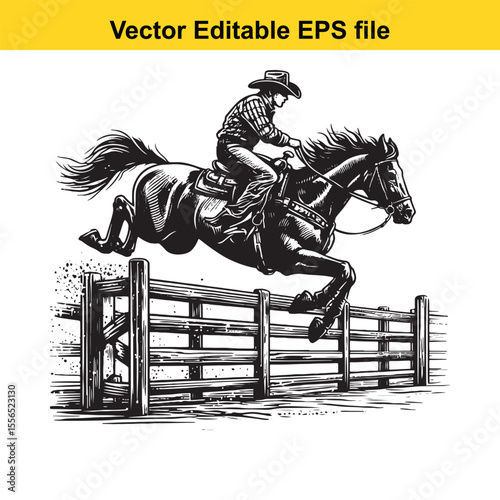Cowboy on Horseback Leaping Over Fence Black and White Rodeo Illustration