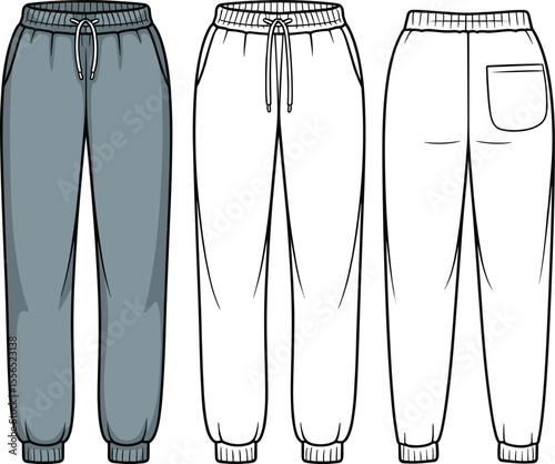 Comfortable Unisex Jogger Pants Flat Sketch Template for Casual Wear, Loungewear, Activewear Design, and Apparel Fashion Resources.