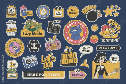 a set of retro cartoon stickers with vintage-style artwork, expressive poses, and trendy slogans, vector illustration