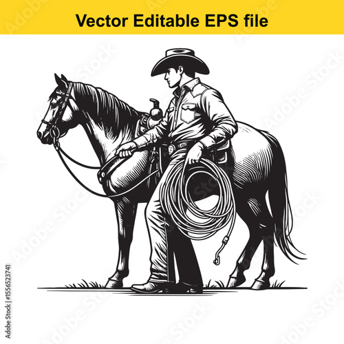 Silhouette of a Cowboy Leading His Horse in Black and White Western Art Style Illustration Artwork