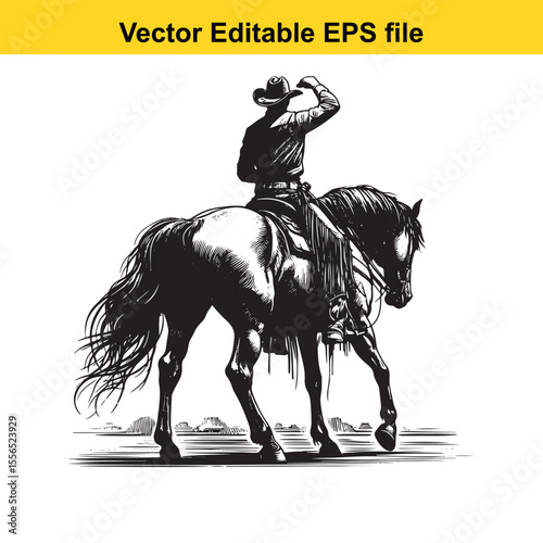 Monochromatic Cowboy Rides Galloping Horse Waving Hat Depicting Freedom and Adventure in the American West Artwork