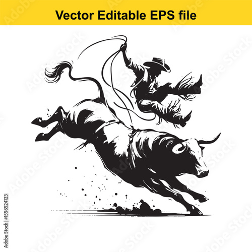 Dynamic Rodeo Illustration Cowboy Astride a Bucking Bull Capturing the Thrill and Energy of the Western Sport