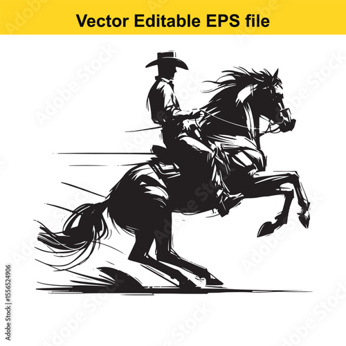 Black and White Silhouette of a Cowboy Riding a Leaping Horse with Lasso in Hand Artistic Rendering