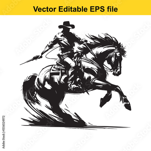 Black and White Silhouette of a Cowboy Riding a Leaping Horse with Lasso in Hand Artistic Rendering