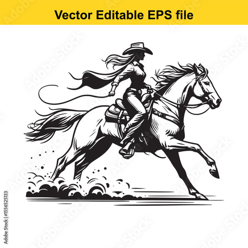 Silhouette of a Cowgirl Riding a Horse in a Classic Western Style Monochrome Art Piece Depicting Adventure