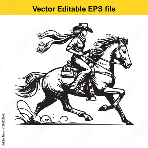 Silhouette of a Cowgirl Riding a Horse in a Classic Western Style Monochrome Art Piece Depicting Adventure