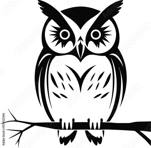 Decorative black and white owl illustration perched on a branch for a T-shirt print or decal