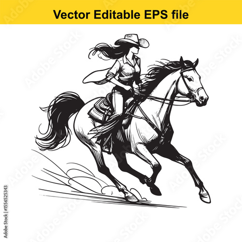 Silhouette of a Cowgirl Riding a Horse in a Classic Western Style Monochrome Art Piece Depicting Adventure