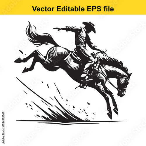 Black and White Silhouette of a Cowboy Riding a Leaping Horse with Lasso in Hand Artistic Rendering