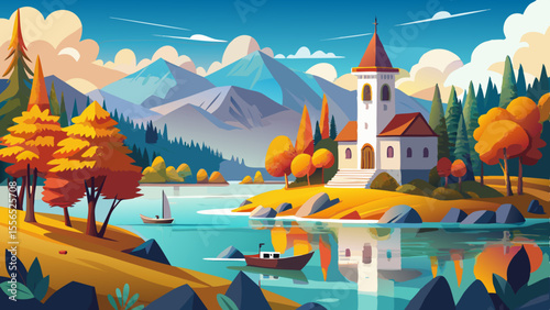 A serene lake surrounds a small island crowned by a white church tower. Wooden boats glide across the turquoise water, embraced by colorful autumn forests.

