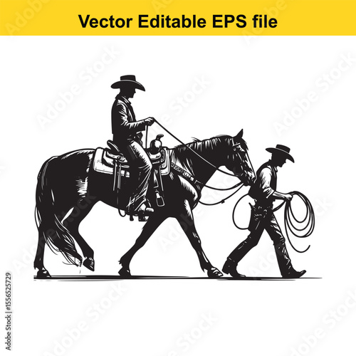 Silhouette of a Cowboy Leading His Horse in Black and White Western Art Style Illustration Artwork