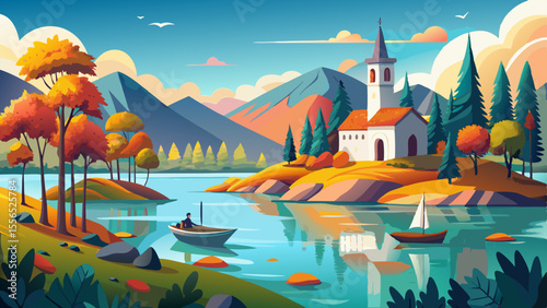 A serene lake surrounds a small island crowned by a white church tower. Wooden boats glide across the turquoise water, embraced by colorful autumn forests.

