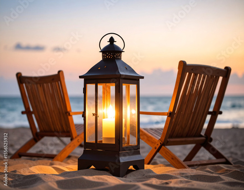 A glowing lantern casting warm light onto handcrafted wooden chairs on a sandy oceanfront at dusk.