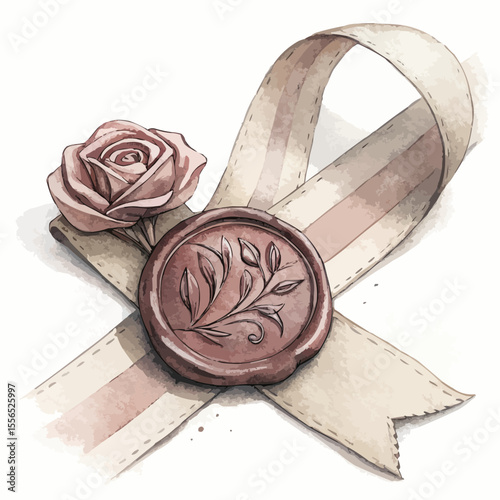 Vintage wax seal pressed onto soft linen ribbon in dusty rose tones. Hand-drawn vector with watercolor and charcoal textures, romantic and minimal, isolated on white background.