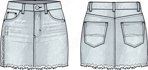 Women’s denim skirt front and back view, distressed frayed hem design, technical fashion sketch, pocket detail garment flat, casual clothing vector illustration