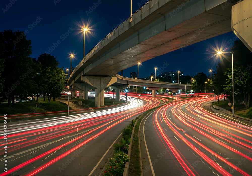 Fototapeta premium overpass with cars passing underneath on a lit night