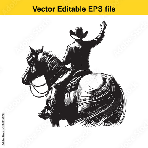 Monochromatic Cowboy Rides Galloping Horse Waving Hat Depicting Freedom and Adventure in the American West Artwork