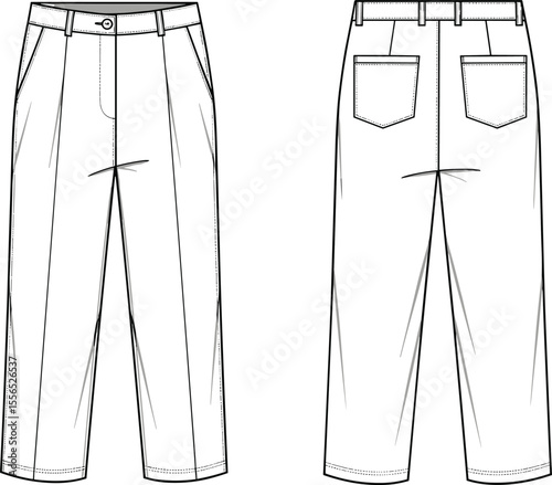 Men’s formal trousers front back view, technical fashion sketch, pleated pant design, apparel flat drawing, clothing blueprint, tailored garment vector illustration