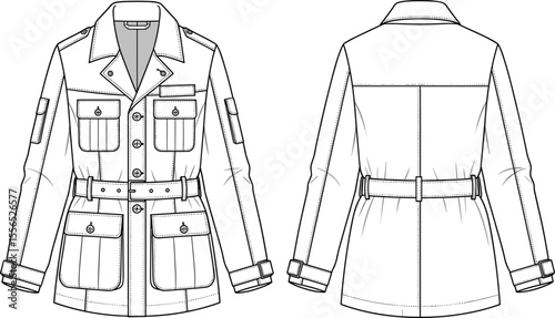 Men’s utility jacket front back technical sketch, structured fashion flat, outerwear design blueprint, detailed garment illustration, clothing vector, functional style concept