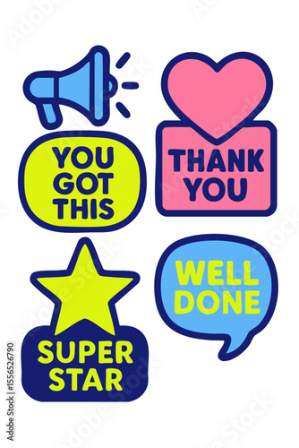 A vibrant 2D vector illustration featuring a set of four colorful motivational stickers in a modern flat design. “YOU GOT THIS,” “THANK YOU,” “SUPER STAR,” and “WELL DONE.”
