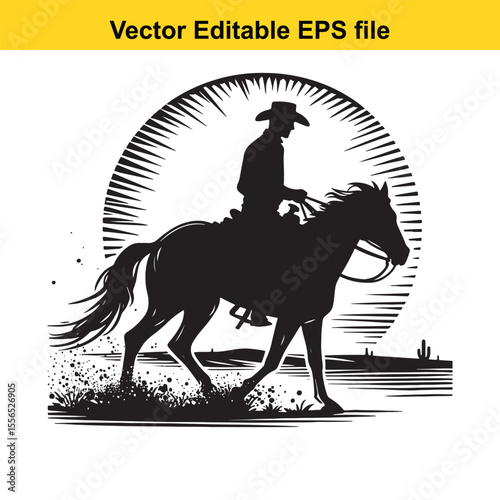 Monochrome Cowboy on Bucking Horse Illustration Capturing Western Spirit and Rugged Determination Symbolic of American Frontier