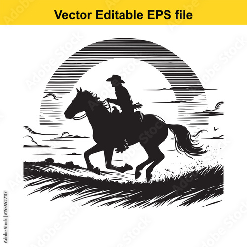 Black and White Silhouette of a Cowboy Riding a Leaping Horse with Lasso in Hand Artistic Rendering