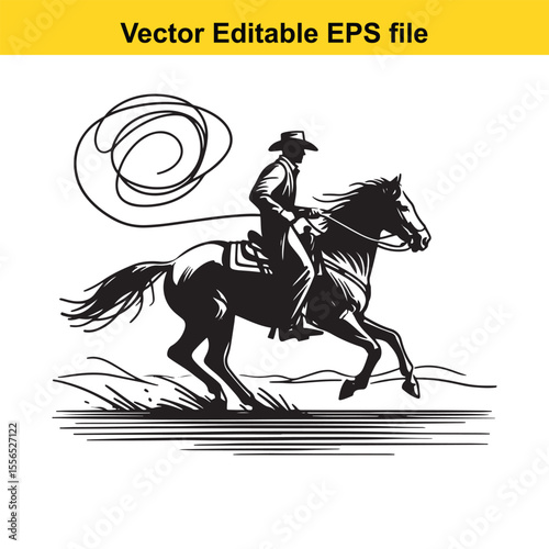 Black and White Silhouette of a Cowboy Riding a Leaping Horse with Lasso in Hand Artistic Rendering