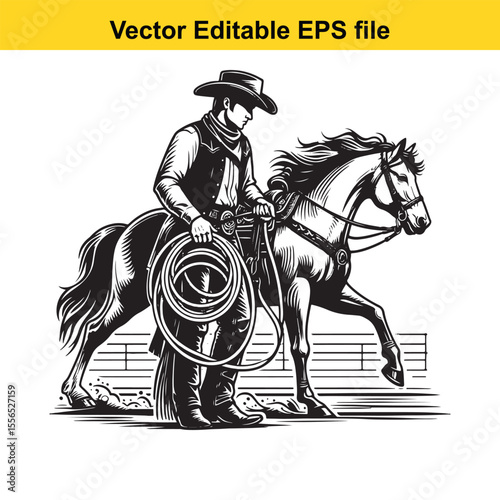 Silhouette of a Cowboy Leading His Horse in Black and White Western Art Style Illustration Artwork