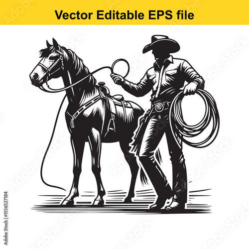 Silhouette of a Cowboy Leading His Horse in Black and White Western Art Style Illustration Artwork