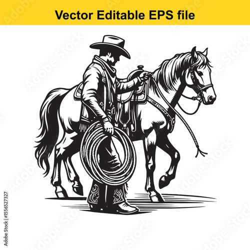 Silhouette of a Cowboy Leading His Horse in Black and White Western Art Style Illustration Artwork