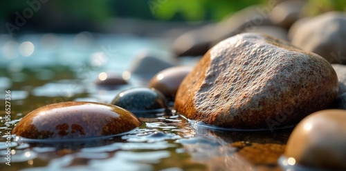 Close-up of smooth, colorful river rocks, wet from a recent shower, glistening in the sunlight Perfect for spa, nature, or geology themes , sunlight, outdoor, relaxation