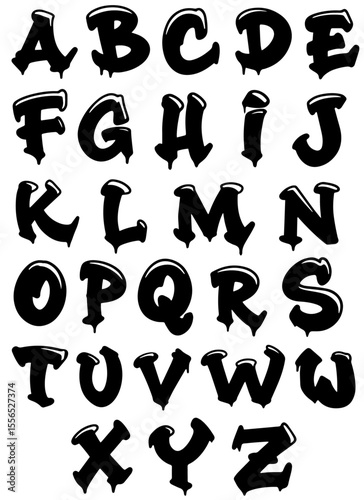 Black Graffiti letters with highlights and color drips, vector hand drawn graffiti alphabet A to Z, hip-hop style letter set