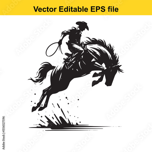 Black and White Silhouette of a Cowboy Riding a Leaping Horse with Lasso in Hand Artistic Rendering