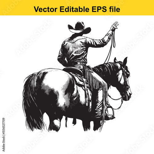 Monochromatic Cowboy Rides Galloping Horse Waving Hat Depicting Freedom and Adventure in the American West Artwork