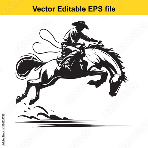 Black and White Silhouette of a Cowboy Riding a Leaping Horse with Lasso in Hand Artistic Rendering