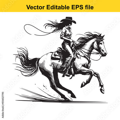 Silhouette of a Cowgirl Riding a Horse in a Classic Western Style Monochrome Art Piece Depicting Adventure