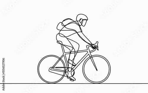 A rider wearing a helmet and backpack is depicted cycling in a minimalist, continuous line style