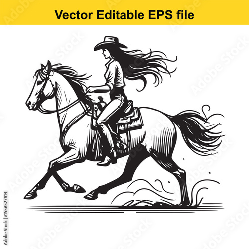 Silhouette of a Cowgirl Riding a Horse in a Classic Western Style Monochrome Art Piece Depicting Adventure