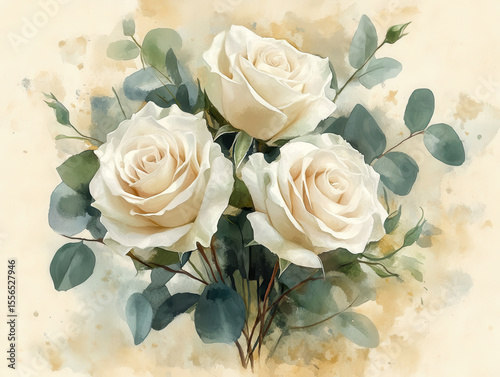 Bouquet of three white roses with green leaves and stems watercolor style soft background elegant floral arrangement romantic and delicate natural beauty fresh flowers artistic painting floral