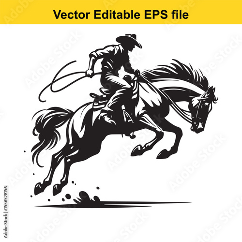 Black and White Silhouette of a Cowboy Riding a Leaping Horse with Lasso in Hand Artistic Rendering