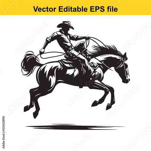 Black and White Silhouette of a Cowboy Riding a Leaping Horse with Lasso in Hand Artistic Rendering
